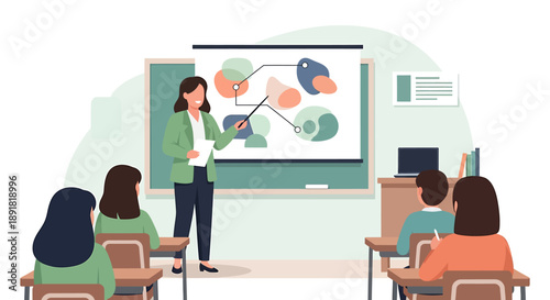 Teacher presenting data charts on a whiteboard to students in a classroom setting.