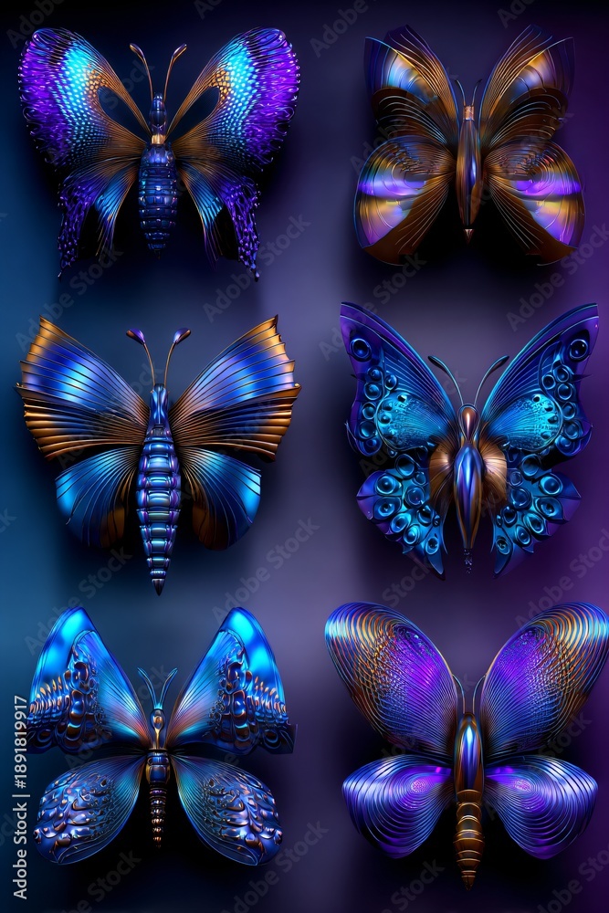 Fototapeta premium collection of rare fantasy butterflies, magical ethereal butterflies in a fantasy collection, enchanted mythic butterflies with luminous wings