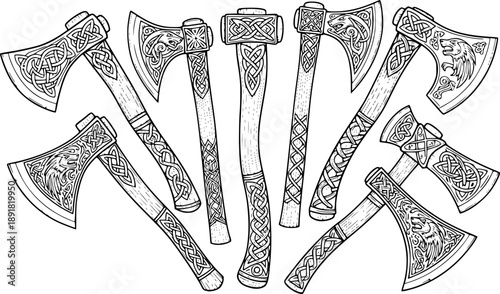Engraved axes illustration in black and white on a white background