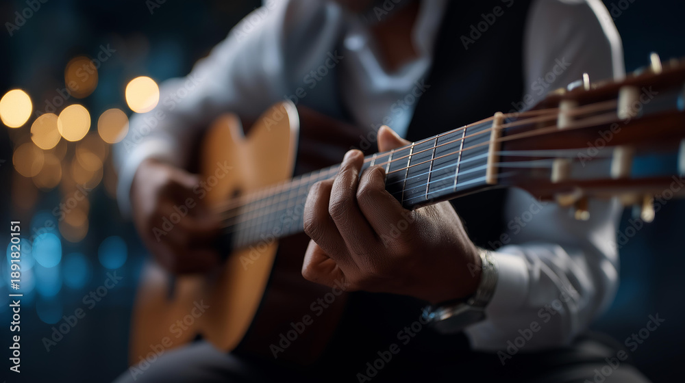 Obraz premium Defocused hands playing guitar at guitar lesson musical instrument instruction music education skill development performance training with copy space