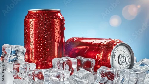 Cold red soda cans surrounded by ice cubes
