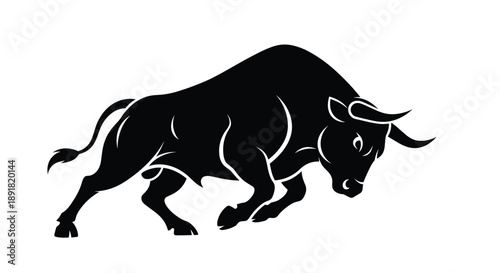 Black Silhouette of a Charging Bull with Sharp Horns Minimalist Vector Graphic for Logo or Icon