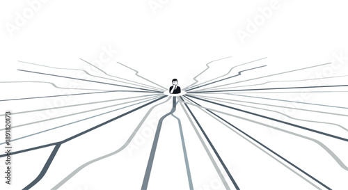 Businessman Looking Out at Many Different Paths Branching Forward Minimalist Vector Illustration