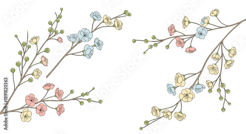 Sprigs of Small Blue Pink and Yellow Flowers with Green Leaves Minimalist Vector Illustration
