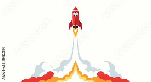 Vibrant Red Rocket Launching into Space with Thick Smoke and Orange Flames Illustration.