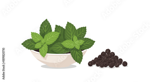 Heap of Fresh Mint Leaves in a Bowl Next to a Pile of Black Peppercorns.