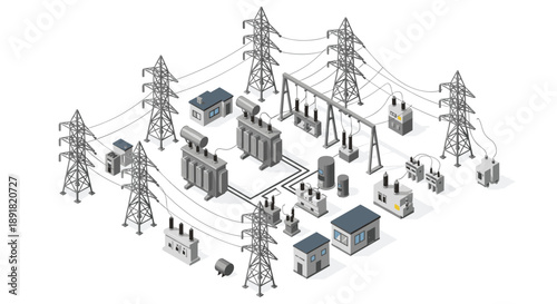 Isometric High Voltage Electrical Substation with Power Lines Towers and Transformers.