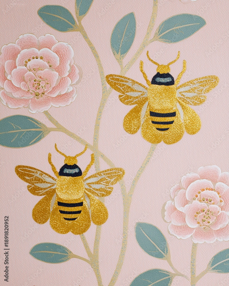 Fototapeta premium Golden metallic shiny bumble bees and pink floral elements on a soft pastel background, showcasing intricate details and vibrant colors in a decorative design