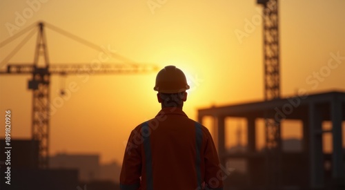 Construction worker in orange shirt and hard hat looking at construction site