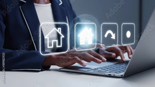 Business professional using laptop with virtual property icons for real estate search. Digital home buying platform interface with house symbols for online listing, investment research