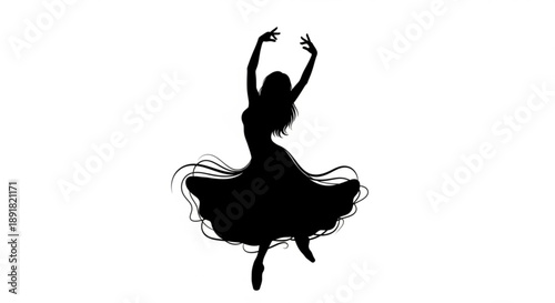 Silhouette of a woman in a dress dancing with her arms raised