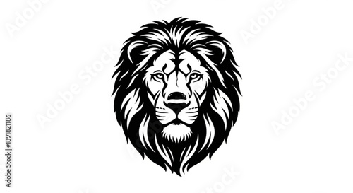Black and white illustration of a lions head with a majestic mane