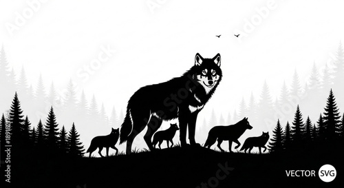 Black silhouette of a wolf pack in a forest landscape vector graphic