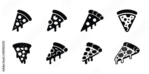 Black and white pizza slice illustrations set
