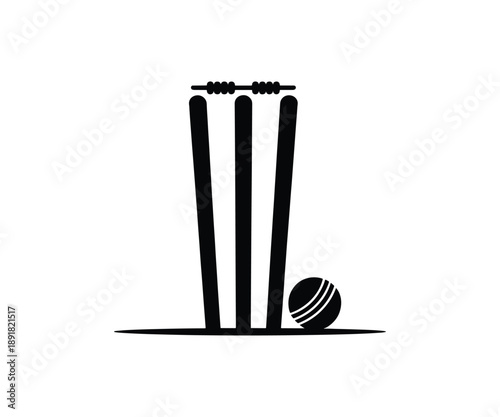 Cricket wicket stumps with bails and ball vector icon, Professional sport silhouette illustration
