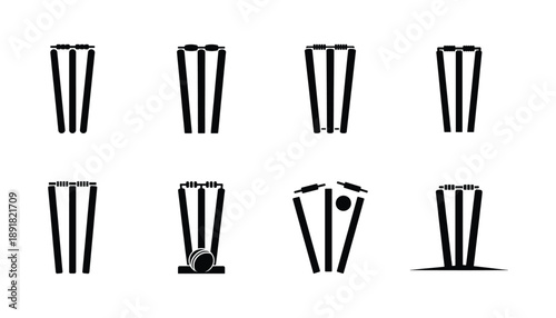Cricket stumps and bails in various positions  sports equipment