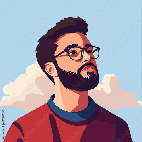 Serious confident young man with beard and glasses looking up thoughtful expression minimal flat vector illustration with sky and clouds background