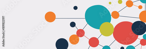 Abstract colorful network connection with overlapping circles and lines on white background for social media technology communication concept banner design