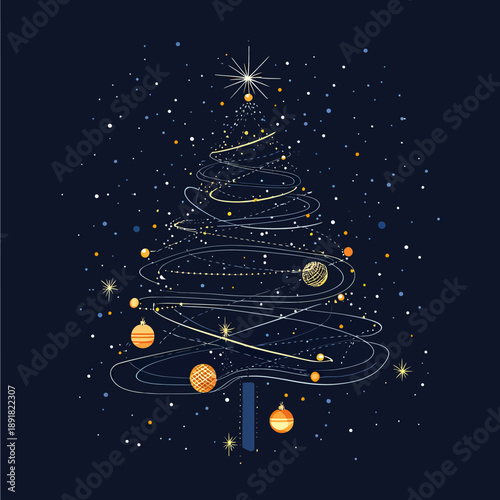 Abstract Christmas tree made of orbiting planetary shapes and starry lines on dark background with cosmic space decoration and glowing stars vector illustration for holiday design