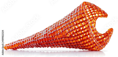  twisted and curled piece of red gauze bandage in the shape of an arrowhead, against a transparent background