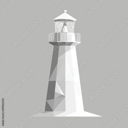 White low poly lighthouse vector with geometric triangular facets and minimalist design on gray background for navigation and coastal concept illustration