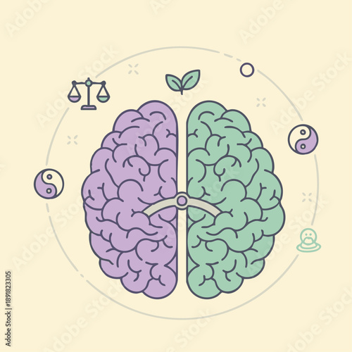 Balance in Thought: Conceptual illustration depicts the human brain, bisected to showcase the balance between logic and creativity, symbolized by the scales of justice and other harmonious elements.