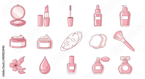 Collection of Pink Skincare and Makeup Products Illustrated.