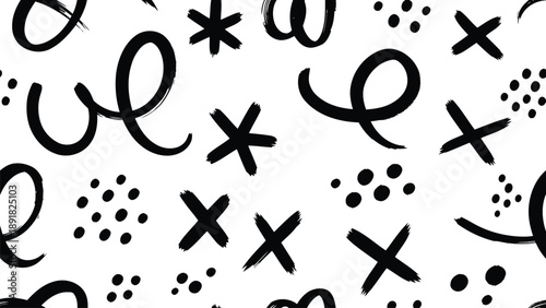 Seamless pattern with hand-drawn black abstract shapes, including loops, crosses, asterisks, and dots, on a clean white background, creating a playful and artistic design.