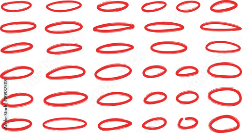 Hand-drawn red oval shapes scattered randomly on a white background, varying in size and orientation.