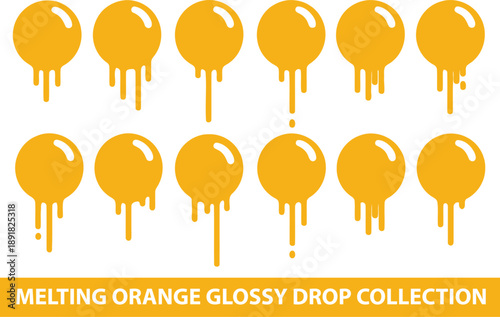 A collection of melting orange glossy drops with various drip patterns, perfect for graphic design elements and backgrounds.