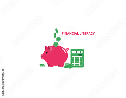 Financial literacy concept with piggy bank and calculator