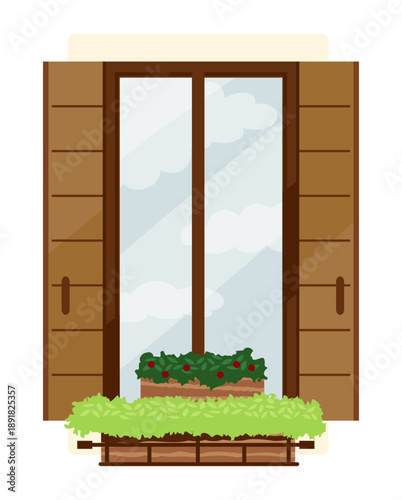 白い雲が映る晴天の窓辺のイラスト（ブラウン）/Illustration of a sunny window with white clouds reflected	
