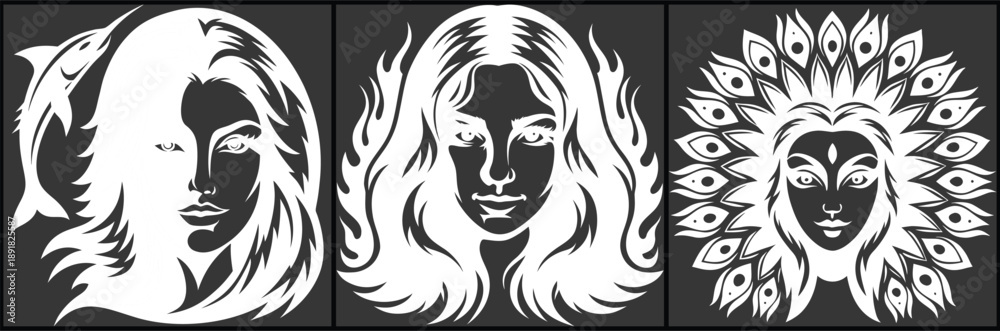 Naklejka premium Elegant Woman Portraits Set, Artistic Face Designs, Decorative Beauty Illustrations For Print And Digital Projects
