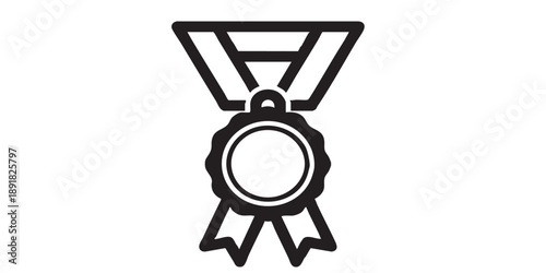 Medal vector icon, medal with ribbon symbol, champion winner award, isolated on transparent background, black outline and filled style, minimal flat design