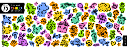 Kid crayon cutout. Children hand drawn background. School pencil collage. Cute summer sun flower cloud house rainbow icon bg. Vector kid scrapbook. Cute color crayon children pattern. Child Y2K doodle