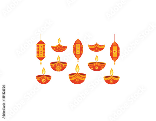 Vibrant Diwali diyas and lanterns in traditional Indian design