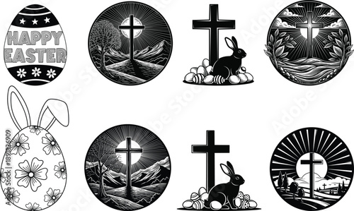 Easter sunday celebration silhouette icons featuring crosses and easter symbols