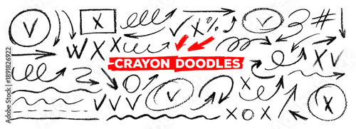 Hand drawn arrows, underlines and frames for diagrams and notes. Vector doodle crayon drawn curved and straight arrows, check boxes with rough graphite edges. Check mars and thin underlines.