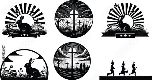 Easter sunday celebration silhouette cross bunnies and easter eggs on a joyful morning