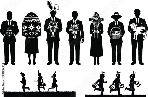 Easter sunday celebration silhouette with family and easter eggs