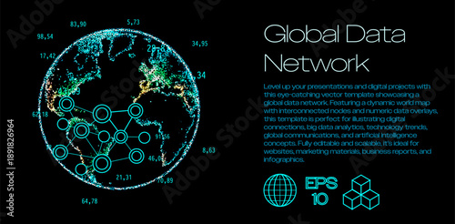 Futuristic vector illustration of a world map with glowing blue-green digital nodes and connections. Conceptual vector art for global data networks, analytics, and technology themes.
