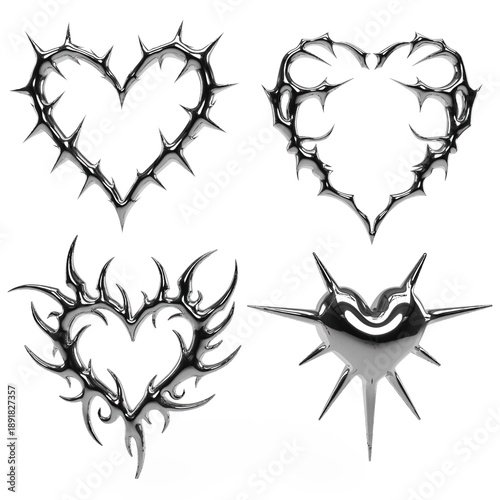Foto Pack of chrome tribal hearts in Y2K style with 3D metallic texture and sharp shapes