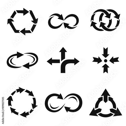 Set of nine black arrow symbols: recycle, refresh, infinity loops, rotation and navigation directions. Minimal vector icons for UI, apps, workflow charts, logistics and process diagrams.