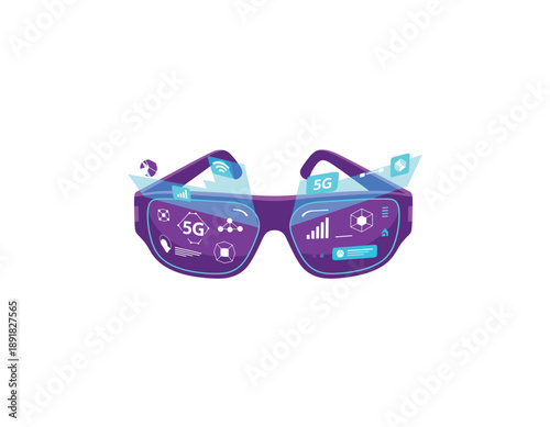 Stunning purple virtual reality goggles with 5G technology icons