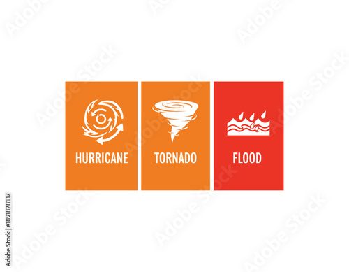 Natural disaster icons for hurricane, tornado, and flood