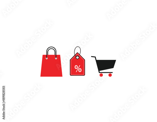 Shopping icons with red bag, discount tag, and cart