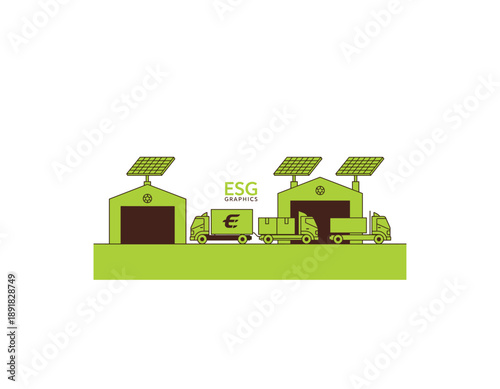 Green industrial trucks loading at solar powered warehouses
