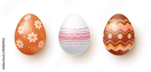 Set of three chicken eggs of different color shells, vector realistic.