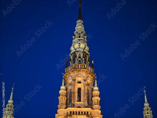 Photography elegant structure shines at night, majestic spire reaching skyward with glowing