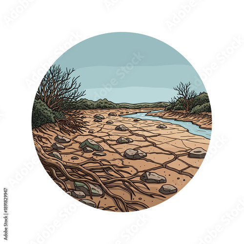Dry riverbed with cracked earth and sparse vegetation depicting Climate change  